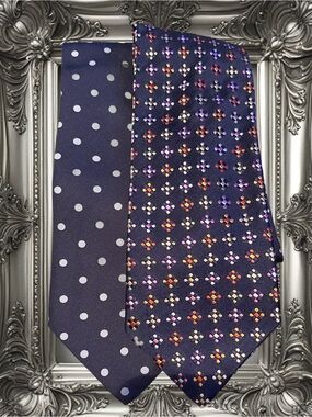 Vintage Navy Patterned Silk Tie - Polka Dot & Geometric Pair